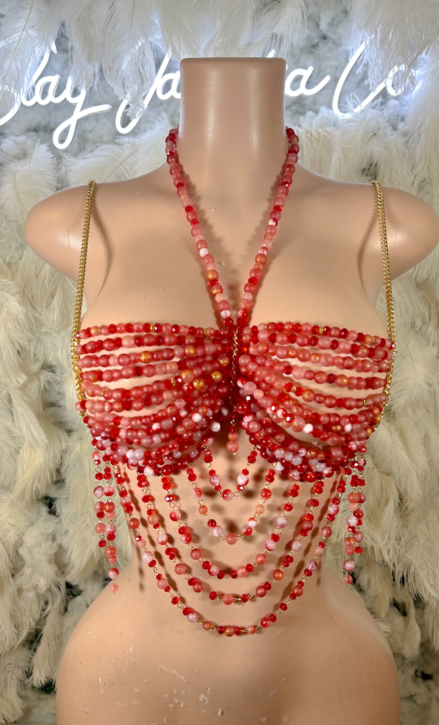 Beaded Paradise Chain Bralette Top -Red