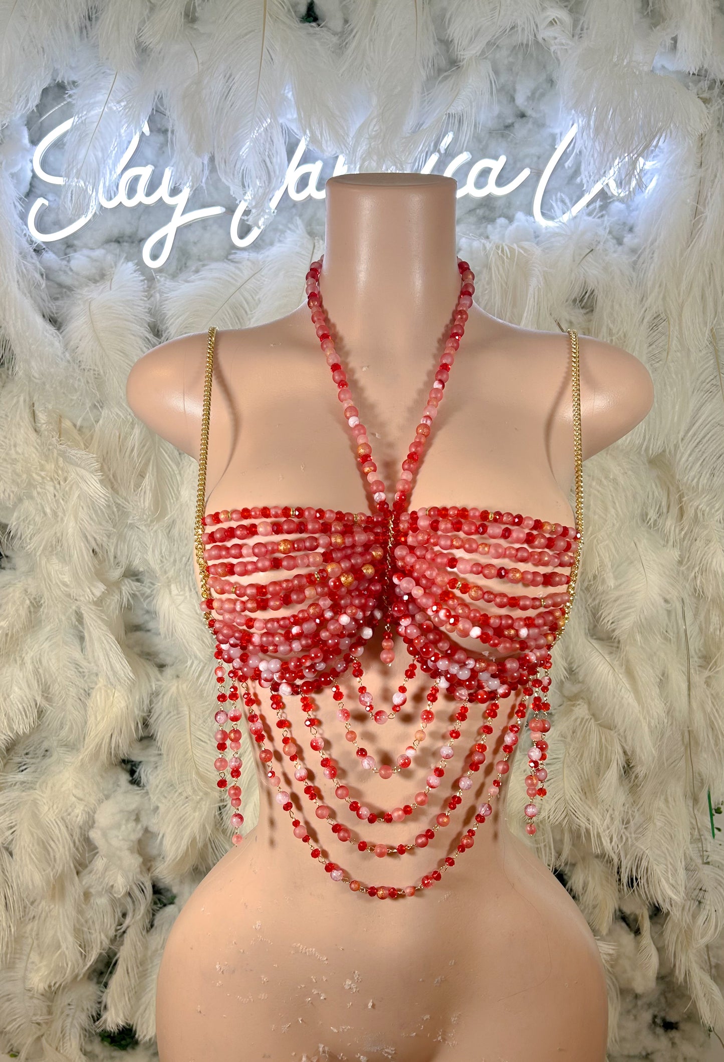 Beaded Paradise Chain Bralette Top -Red