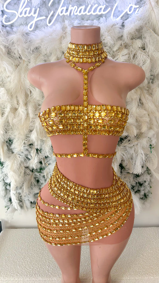 PREORDER ONLY Arabian Nights Gold Mesh Rhinestone Mini Dress