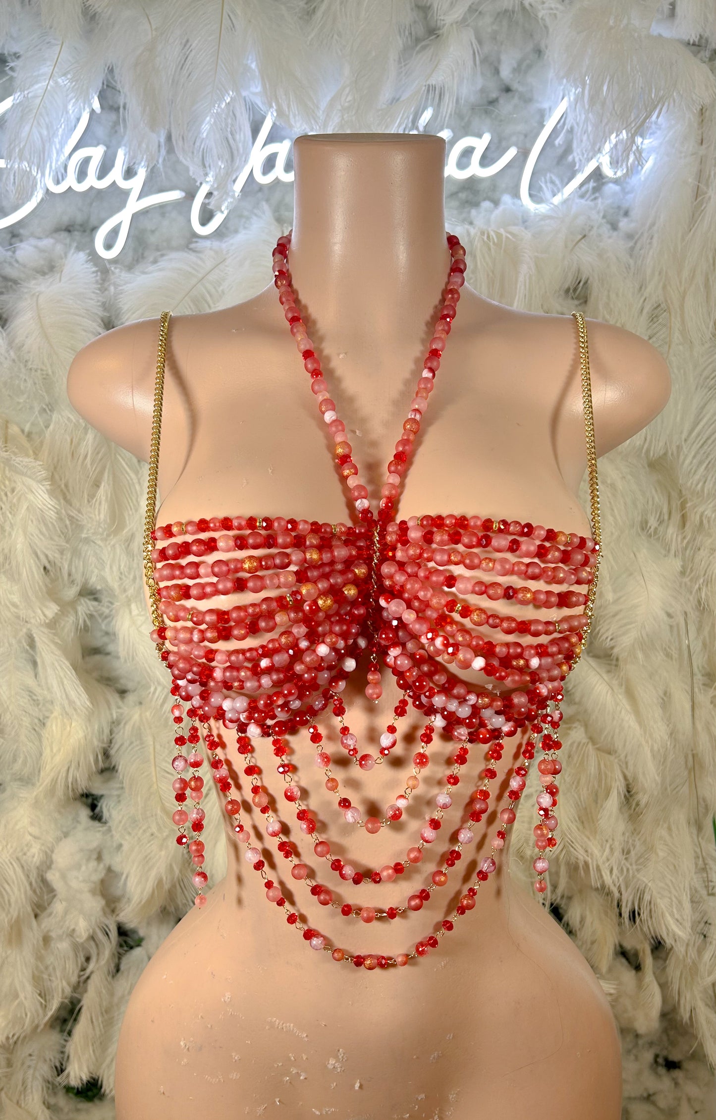 Beaded Paradise Chain Bralette Top -Red