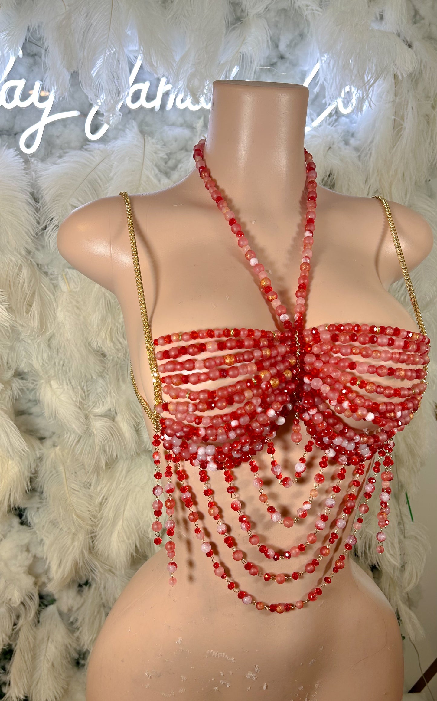 Beaded Paradise Chain Bralette Top -Red