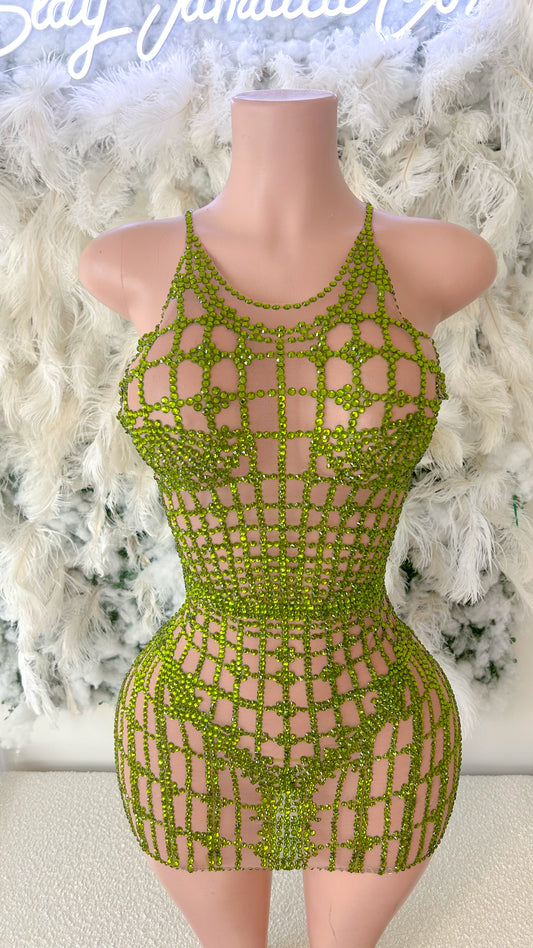 READY TO SHIP The Stars Align Mesh Rhinestone Mini Dress - Green