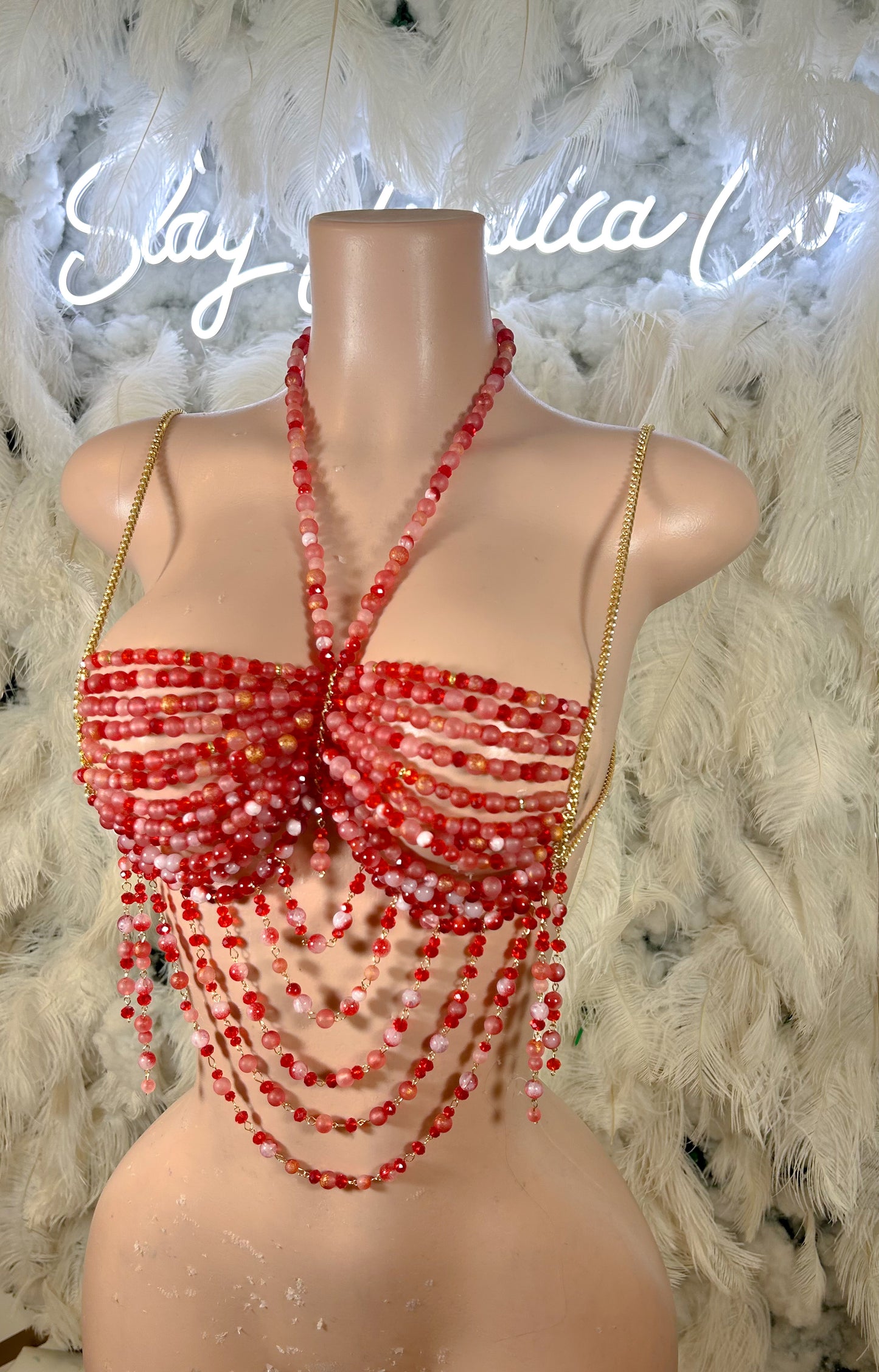 Beaded Paradise Chain Bralette Top -Red