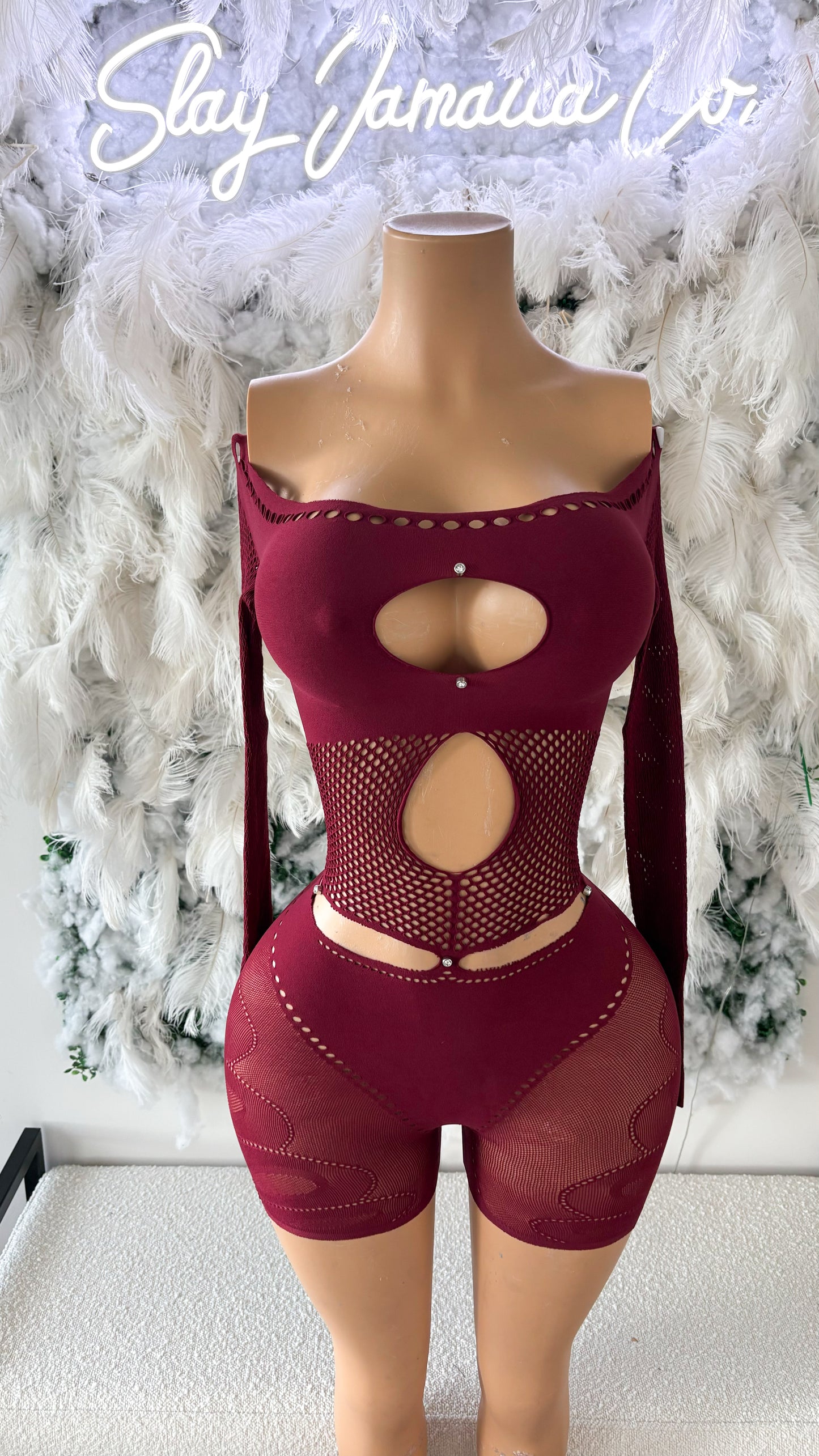 Risqué Love Cutout Mesh Romper - Red