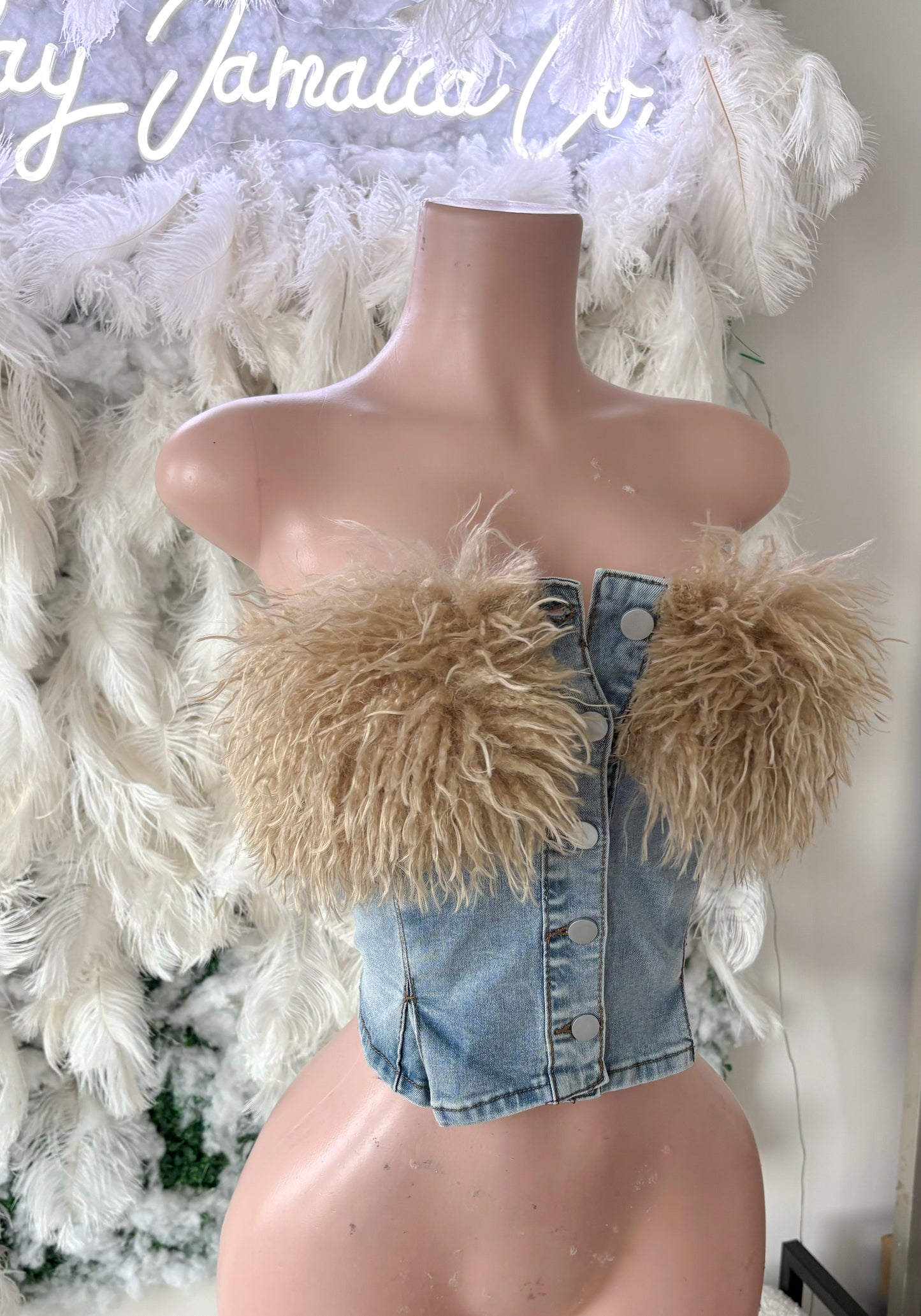 Can’t Fall Off Denim Fur Crop Top - Light Denim