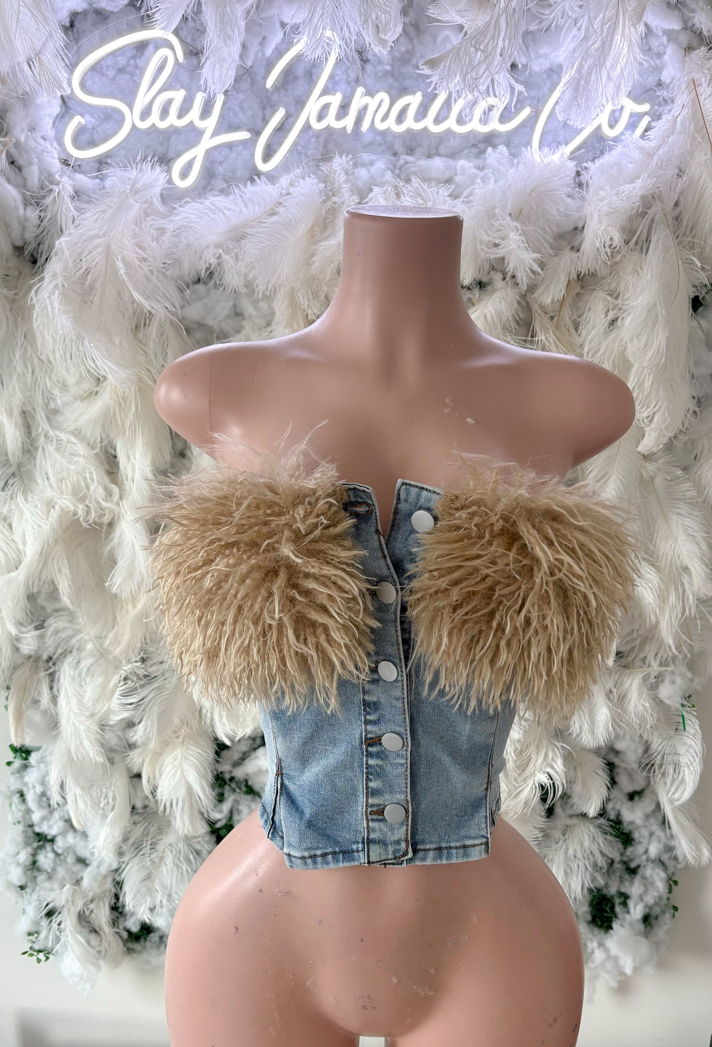 Can’t Fall Off Denim Fur Crop Top - Light Denim