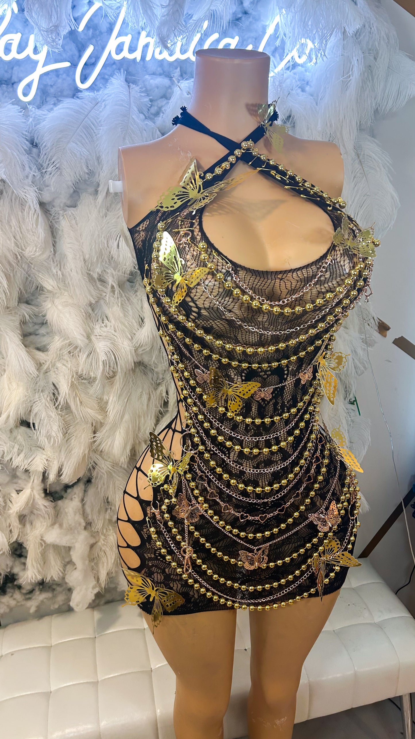 Fantasies Of Gold Embellished Mesh Dress