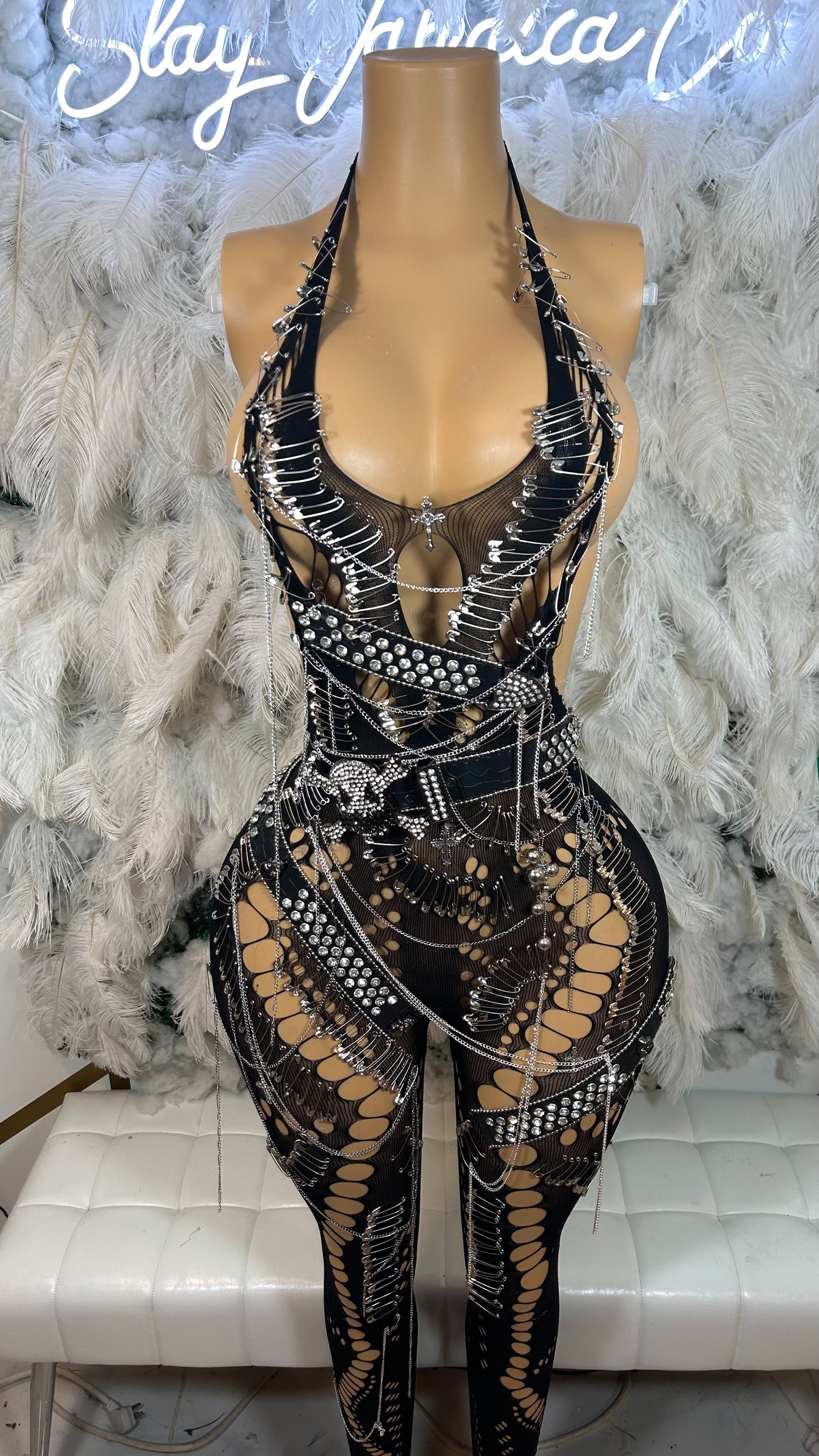 READY TO SHIP Raw And In Charge Embellished Mesh Jumpsuit