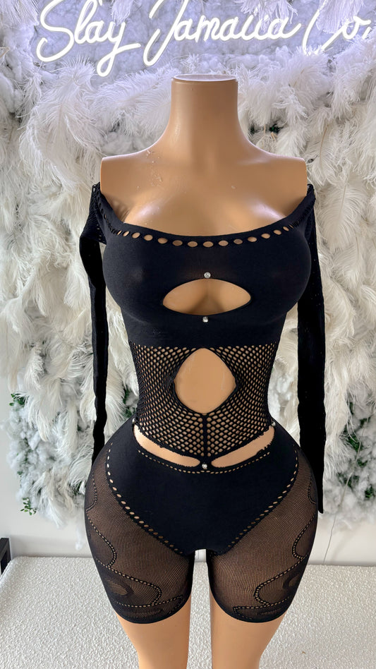 Risqué Love Cutout Mesh Romper - Black