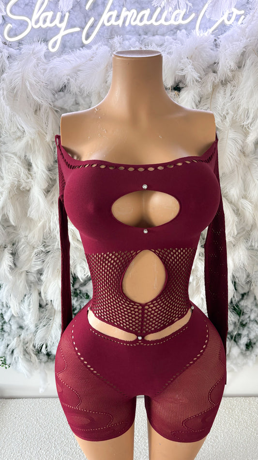 Risqué Love Cutout Mesh Romper - Red