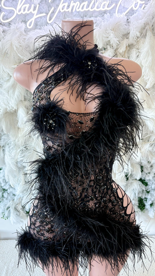 READY TO SHIP Luxury Dolly Rhinestone Ostrich Feather Embellished Mesh Dress