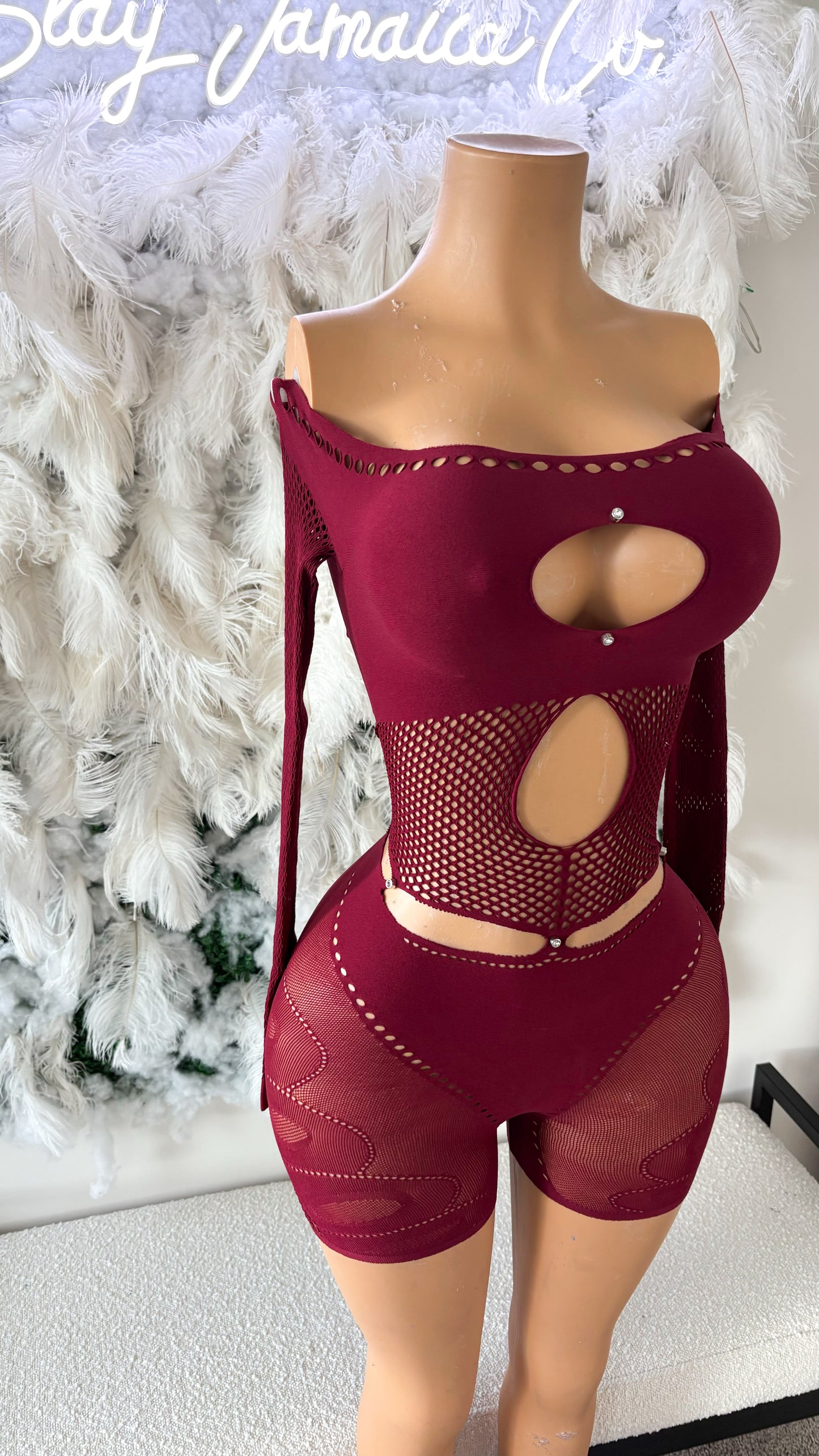 Risqué Love Cutout Mesh Romper - Red